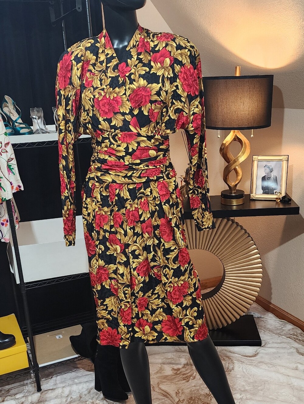 Vintage 80s MAGGY LONDON 100% Silk Baroque Floral Runway Dress Size 4 - Picture 2 of 8